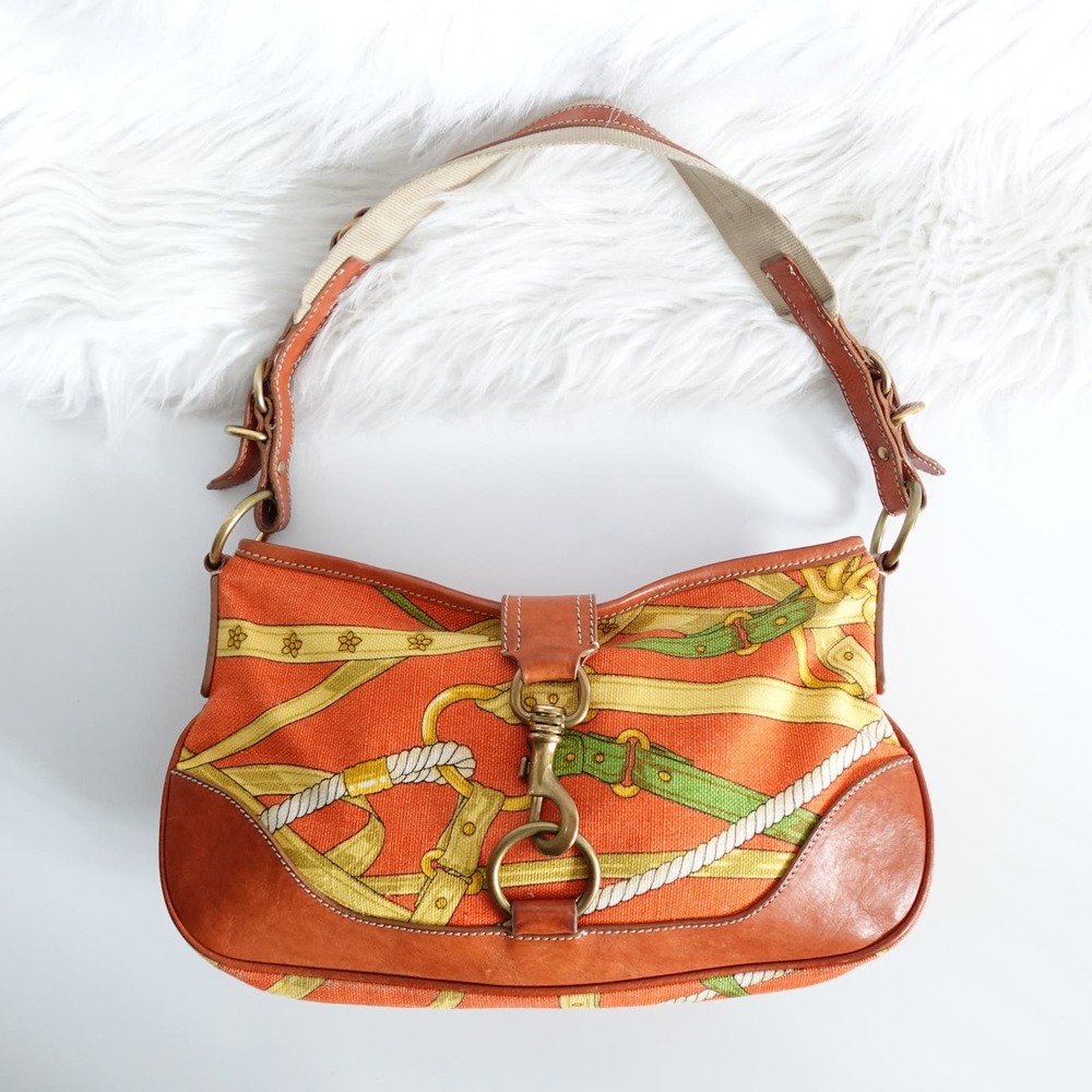 Vintage Miu Miu Orange Buckled Graphic Canvas Leather Shoulder Bag Y2K 90s - Picture 1 of 16